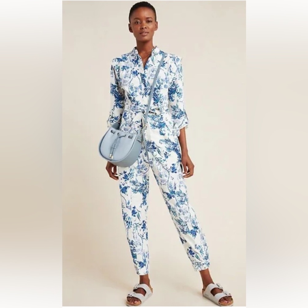Anthropologie Blue and White Floral Jumpsuit
